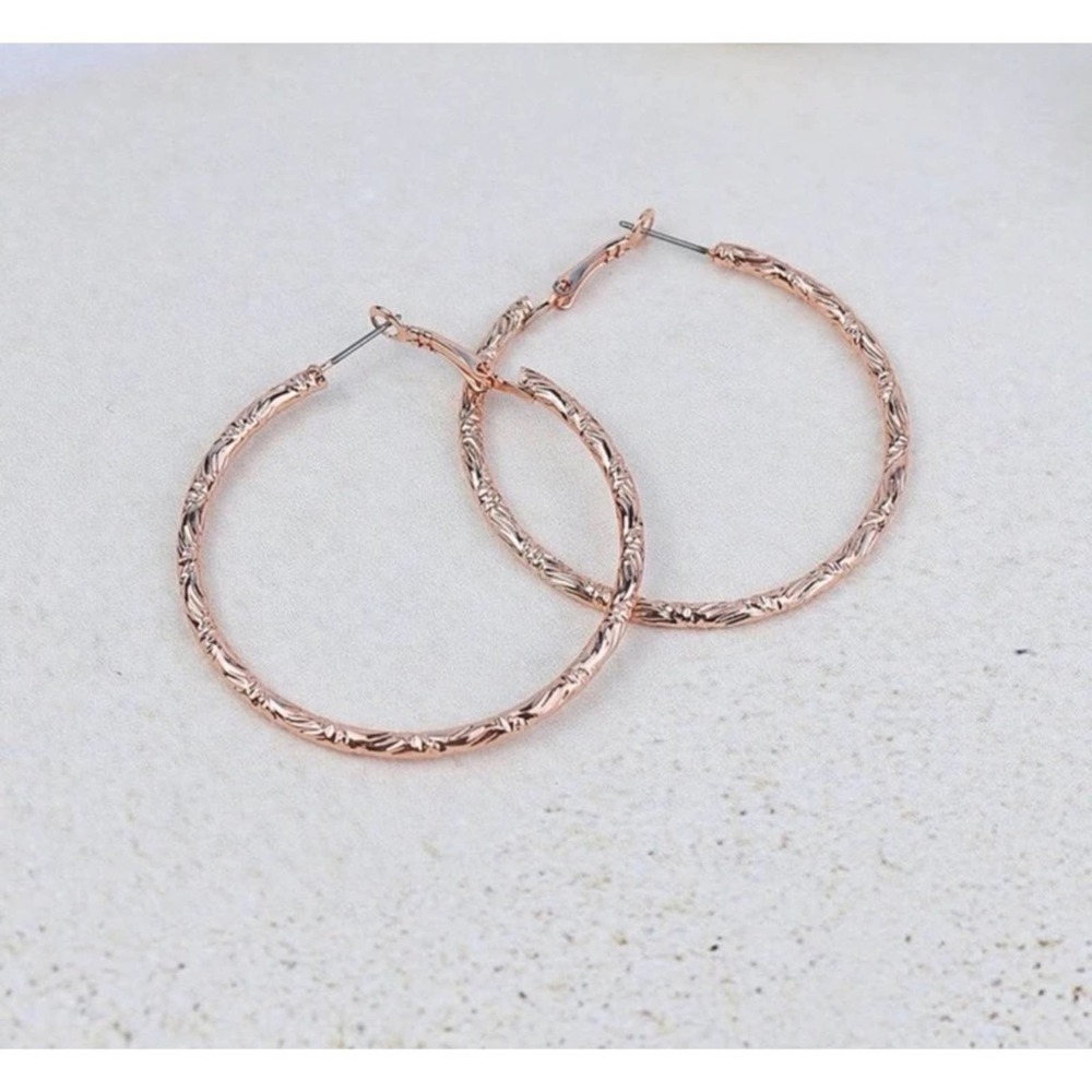 1 LEFT! Rose Gold Engraved Hoop Earrings - Picture 2 of 3
